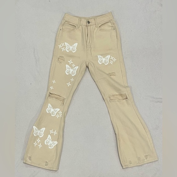 SHEIN Tan Boot Cut Jeans with White Butterfly Design - Picture 2 of 7